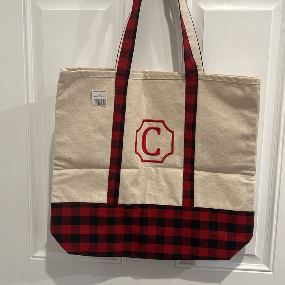 CHRISTMAS TREE SHOPS Cotton Canvas Tote Bag (Monogrammed “C”), Cream & Red\Black